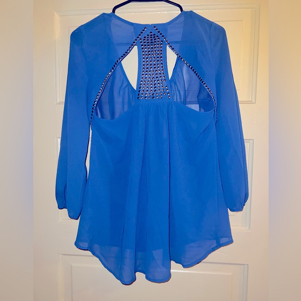 Charming Charlie sheer, blue, dressy, gold accent, cutout top
